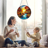 Sunrise Tree and River Landscape Stained Glass Suncatcher for Window Hanging - Handmade Mountains Sun Catchers Diamond Art Stain Glass Panel - Mother's Day Birthday Gift for Mom Grandma Nature Lovers