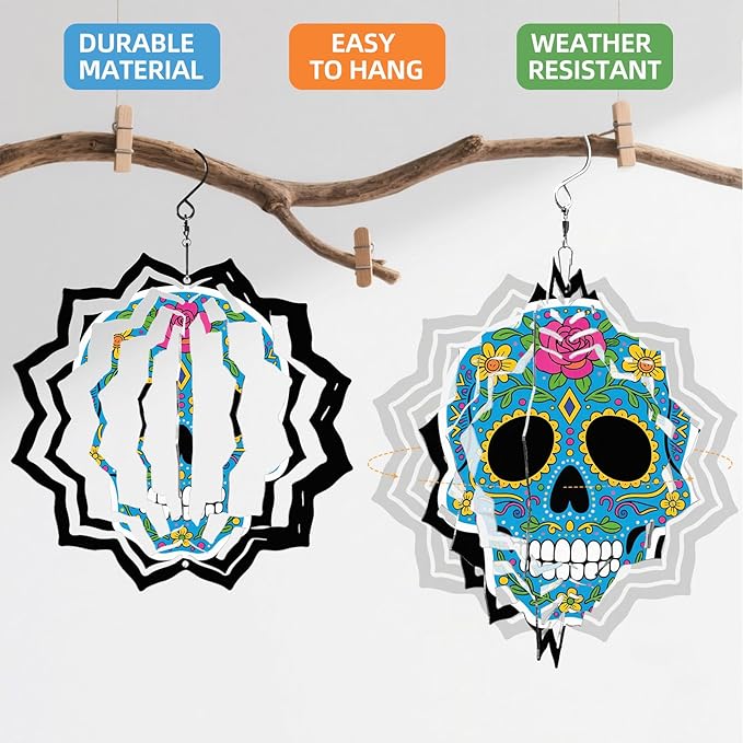 8 Inch Sublimation Wind Spinner, 3D Aluminum Metal Wind Spinner with Hook, Indoor Yard Garden Hanging Decoration, Weather Resistant Rotating Spiral Ornament, Colorful Sugar Skull