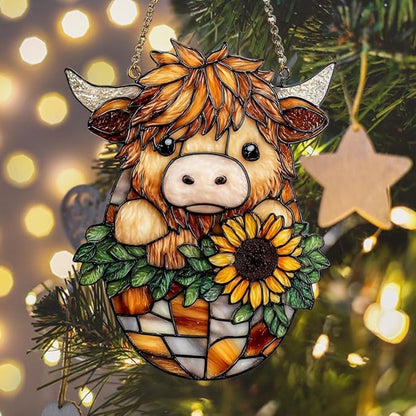 Mosaic Highland Cow and Sunflowers Acrylic Suncatcher Stained Glass Effect Window Car Hanging Christmas Ornament Indoor Outdoor Decor Garden Sun Catcher Panel for Cow Lover for Women Mom Grandma