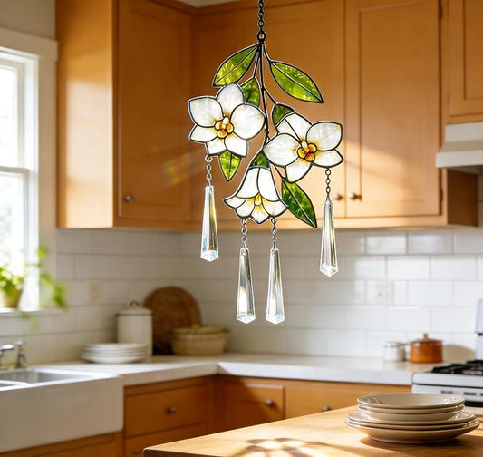 Stained Glass Flower Suncatcher for Window, Handmade Tropical Plumeria Hanging with Crystal Prisms, White Floral Window Decor, Sun Catcher Gift for Women & Plant Lovers