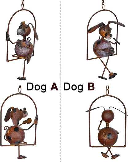 Lovely Iron Puppies Garden Balancing Stakes 44.5" High, Animals Play Seesaw Decorative Metal Yard Balancer Art, Present to Dog Lovers as Outdoor Lawn Decoration Sculpture