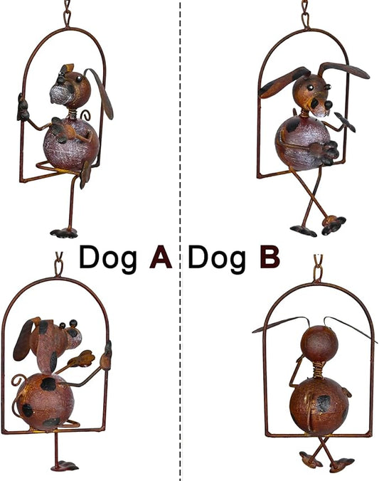 Lovely Iron Puppies Garden Balancing Stakes 44.5" High, Animals Play Seesaw Decorative Metal Yard Balancer Art, Present to Dog Lovers as Outdoor Lawn Decoration Sculpture