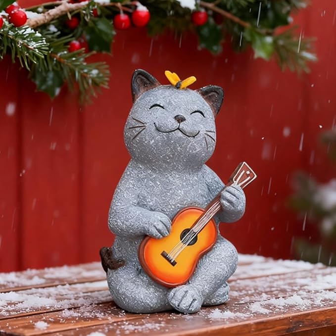 Cat Garden Statue Outdoor Decor, Cat Sculpture with Guitar and Butterfly for Yard Lawn Patio Balcony, Christmas Birthday Housewarming Gifts for Mom, Grandma, Women, 8.8 inch, Resin