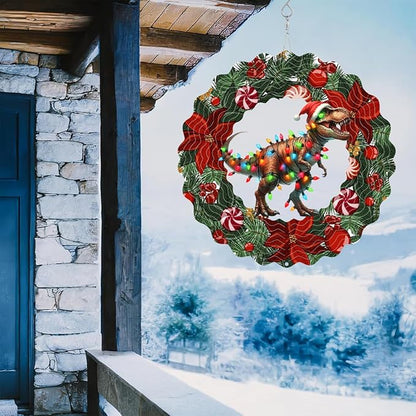 Dinosaur Metal Wind Spinner 3D Hanging Christmas Hat Wind Spinners Decor Christmas Dinosaur Metal Wind Sculptures for New Year Gift Party Yard Garden Outdoor Indoor Decor