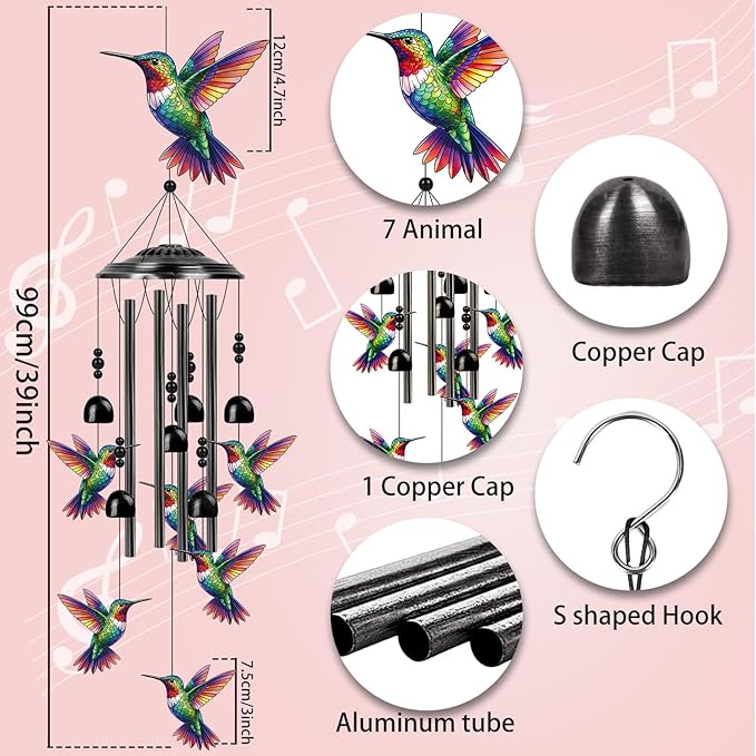 Hummingbird Wind Chimes for Outside - Colorful Hummingbird Gifts for Women Men Mom Grandma Mother's Day, Black Metal Wind Chimes for Outdoor Garden Patio Yard Decor