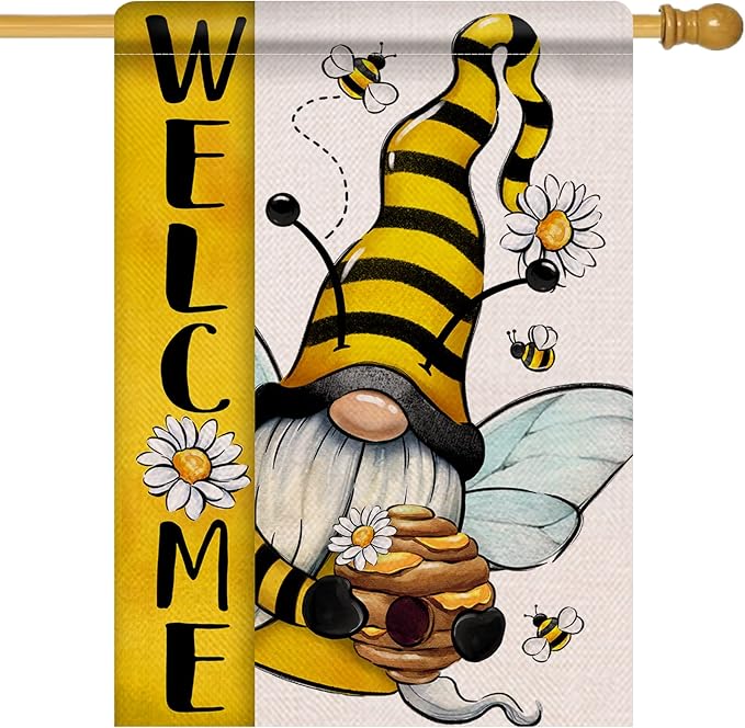 Welcome Spring Summer Bumble Bee Gnome Decorative House Flag, Honeycomb Daisy Flower Spring Garden Yard Outside Decorations, Farmhouse Outdoor Large Home Decor Double Sided 28 x 40