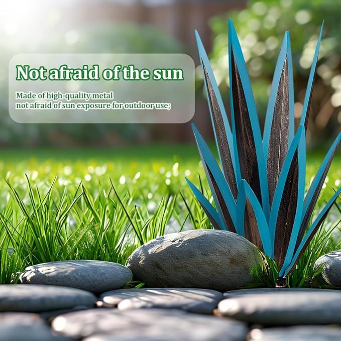 Large Tequila Rustic Sculpture, Wind Resistant Metal Agave Plants Garden Art for Outdoor Home Decor, DIY Hand Painted Metal Agave Yard Sculpture Statue Garden Lawn Ornament Gift (1, Blue)