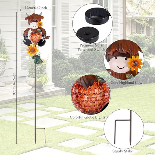 2 Pack Solar Garden Lights, Highland Cow Solar Lights Outdoor Waterproof Global Landscape Lighting with Metal Stake, Decorative Lawn Ornaments for Pathway, Garden Decor