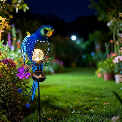 Solar Powered Parrot Garden Stake Light, Warm White LED Crackle Globe Light, Waterproof Metal & Glass Outdoor Decor for Yard, Pathway, Lawn, Patio, and Bird Lover Gift