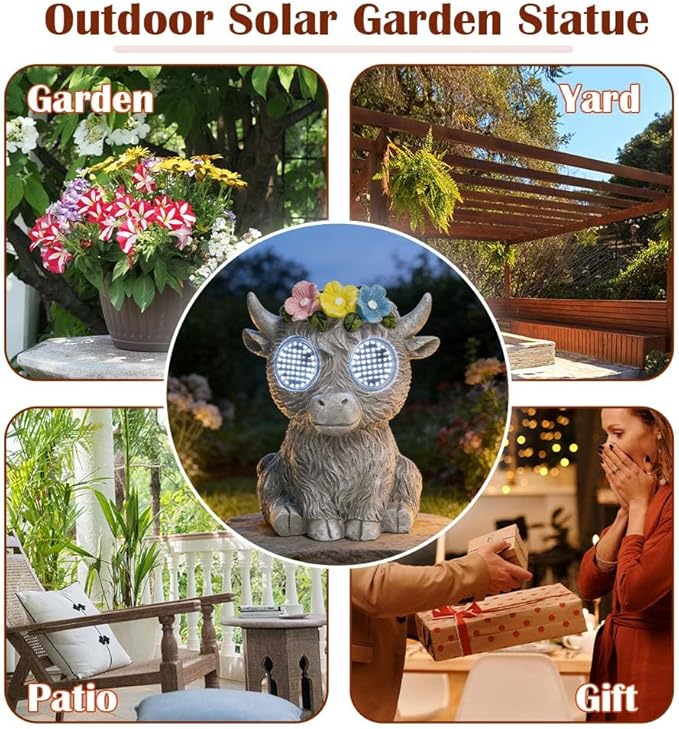 Outdoor Solar Garden Statue, Dynamic LED Light with Flower Sculpture, Art Decor for Patio Porch Lawn Backyard, Housewarming Gifts for Women (Stone Highland Cow)