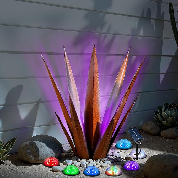 Solar Metal Agave Plant Garden Statue, Hand Painted Tequila Rustic Sculpture Outdoor Decor for Yard Patio Porch Lawn Courtyard Pond or Indoor Balcony Display