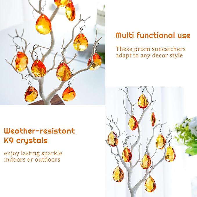 H&D HYALINE & DORA 10pcs Bauhinia Crystal Suncatcher Prisms Chandelier Beads Replacement 38mm Hanging Crystals Ornament Pendant for Window Wedding Party Decor,Amber