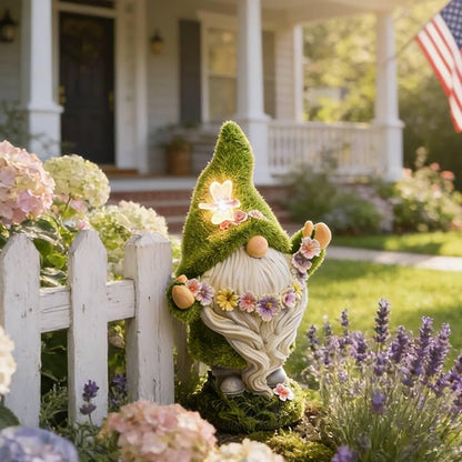 DiliComing Garden Flocked Gnomes Decor for Yard - Artificial Green Moss Gnome Statue with Solar Light, Dwarf Sculpture for Outdoor Patio Porch Lawn Decor, Spring Decorations for Home