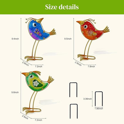 HONGLAND Garden Decor, Set of 3 Funny Metal & Glass Bird Statues for Indoor Outdoor, Colorful Yard Art with Hand-Painted Glass, Gift for Home Garden Decorations