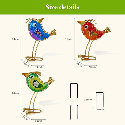 HONGLAND Garden Decor, Set of 3 Funny Metal & Glass Bird Statues for Indoor Outdoor, Colorful Yard Art with Hand-Painted Glass, Gift for Home Garden Decorations