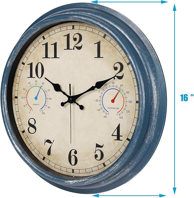 Large Outdoor Clock with Thermometer & Hygrometer Combo, 16 Inch Vintage Blue Coastal Decor Waterproof Indoor Outdoor Wall Clocks for Patio, Pool, Garden, Backyard