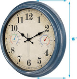 Large Outdoor Clock with Thermometer & Hygrometer Combo, 16 Inch Vintage Blue Coastal Decor Waterproof Indoor Outdoor Wall Clocks for Patio, Pool, Garden, Backyard