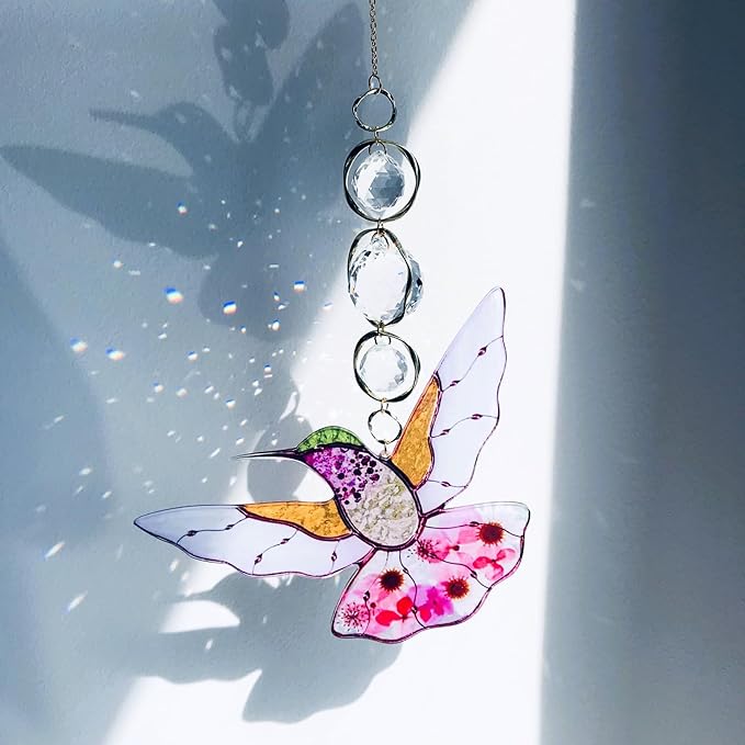 Yellow Acrylic Hummingbird Flowers Garden Suncatcher Christmas Tree Decroations Window Hanging Ornaments Crystal Prism Rainbow Maker Sun Catcher Gifts for Mom Grandma Sister Bird Lovers