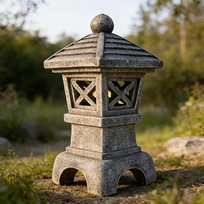 Solar Pagoda Garden Statue Outdoor Zen Japanese Stone Lantern Decor Asian Style Pagoda Lantern Light for Yard Decorations Patio Backyard Lawn Ornaments Home Landscape Art