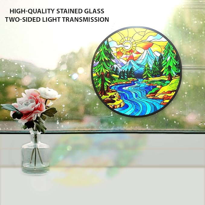 WIRESTER Stained Glass Suncatcher 6 Inch, Glass Panel with Metal Chain, Sun Catcher Window Hanging Ornament for Indoor Outdoor Wall Art Home Decoration - Beautiful Scenery