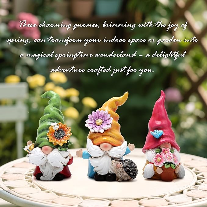 Hodao Set of 3 Spring Gnome Decorations Flower Gnomes Ornaments Decor Summer Outdoor Figurines Spring Elves for Porch, Garden Yard, Flower Bed Garden Gifts for Women, Mom