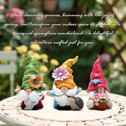 Hodao Set of 3 Spring Gnome Decorations Flower Gnomes Ornaments Decor Summer Outdoor Figurines Spring Elves for Porch, Garden Yard, Flower Bed Garden Gifts for Women, Mom