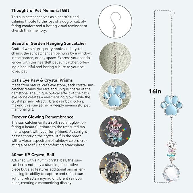 Dog Memorial Gifts for Loss of Dog, Pet Memorial Gifts for Dogs, Thoughtful Bereavement Remembrance Crystal Suncatcher with Sympathy Card (Sympathy Blue)