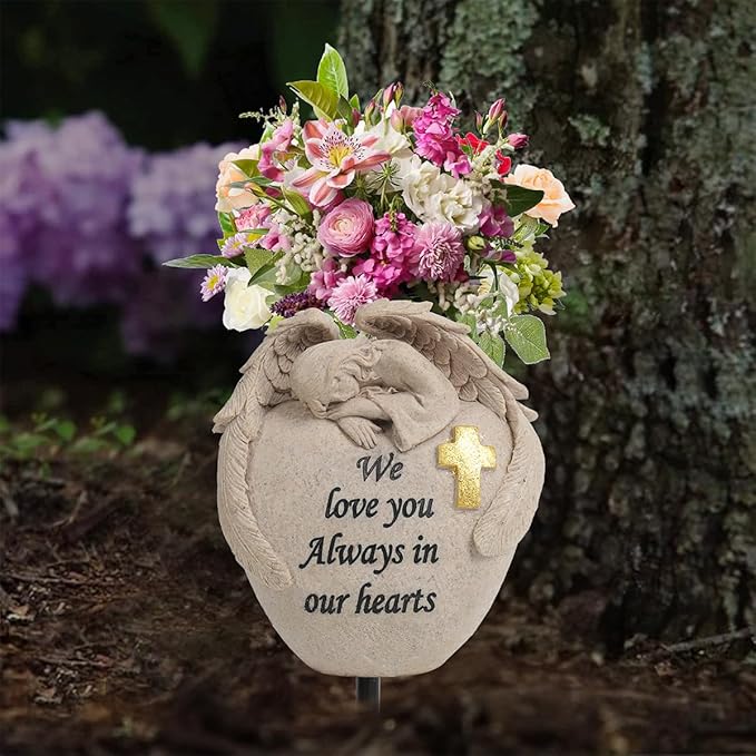 Angel and Cross Cemetery Cemetery Memorial Vase, Cemetery Flower Grave,2-Piece Angel Cemetery vase with Iron Spikes,Garden Decoration， Memorial Gift for Lost Love (3 Granite)