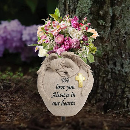Angel and Cross Cemetery Cemetery Memorial Vase, Cemetery Flower Grave,2-Piece Angel Cemetery vase with Iron Spikes,Garden Decoration， Memorial Gift for Lost Love (3 Granite)