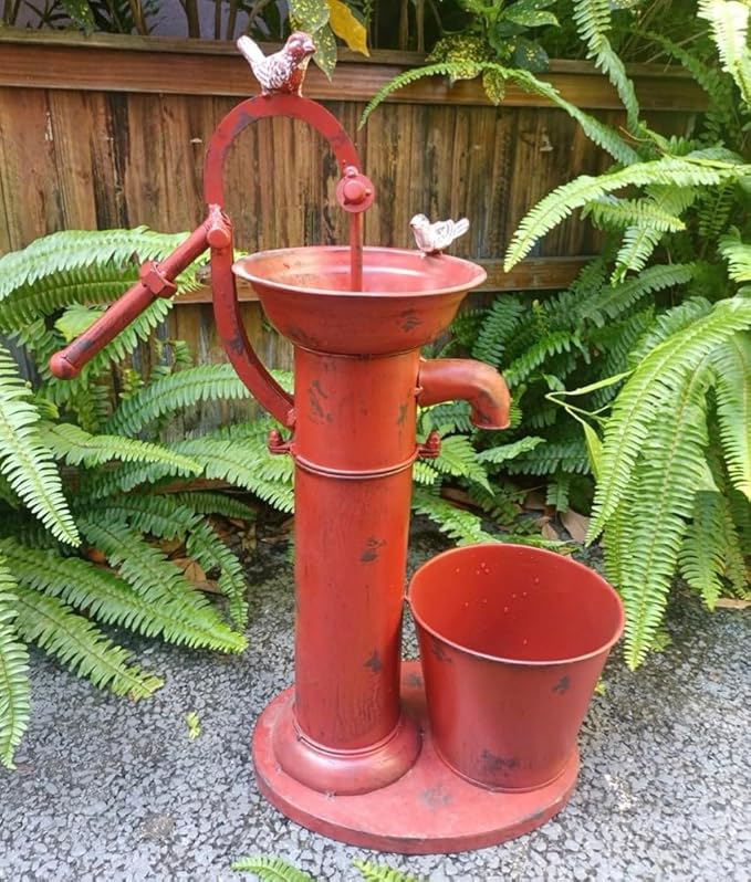 Vintage Garden Water Pump Decor, Rustic Wrought Iron Bird Bath, Red, Blue, White, Rust, Outdoor Yard Decor, Height 22 Inches (red)