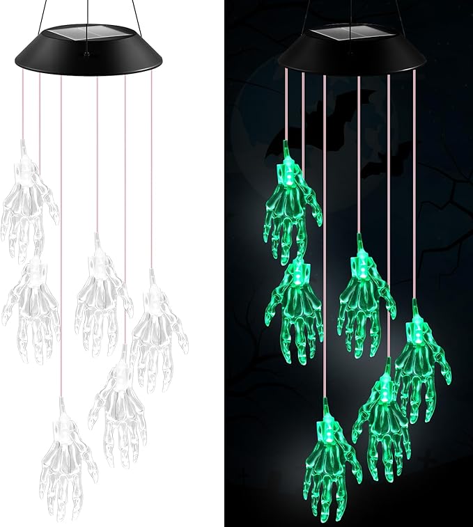 Wonderjune Halloween Solar Wind Chimes for Outside Skeleton Hand LED Color Changing Light Outdoor Mobile Wind Chime for Garden Patio Yard Porch Home Decor