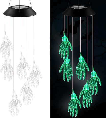 Wonderjune Halloween Solar Wind Chimes for Outside Skeleton Hand LED Color Changing Light Outdoor Mobile Wind Chime for Garden Patio Yard Porch Home Decor
