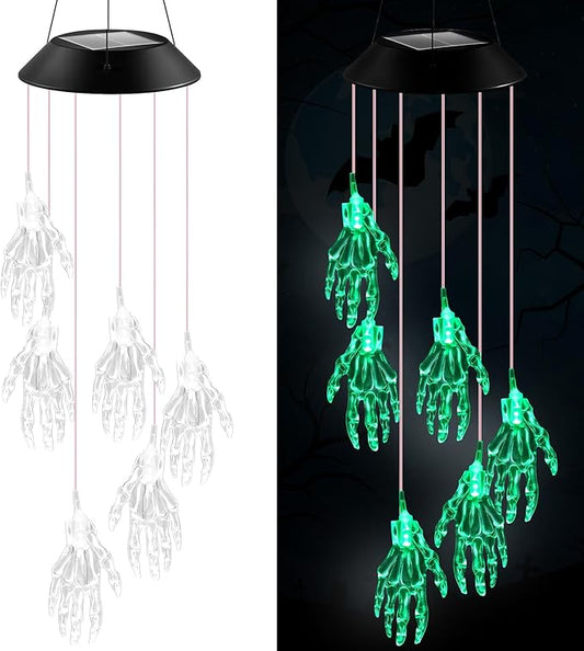 Wonderjune Halloween Solar Wind Chimes for Outside Skeleton Hand LED Color Changing Light Outdoor Mobile Wind Chime for Garden Patio Yard Porch Home Decor
