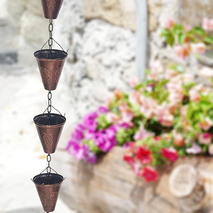 8.5FT Cone Iron Rain Chains for Gutter and Rain Barrel, Rust-Resistant Plated Garden Décor Rain Chain for Downspout, Bonus Rain Chain Gutter Adapter (Bronze)