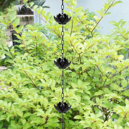 Rifachua 8.5ft Black Rain Chain for Gutters Downspouts Outside, Black Plated Lotus Rain Chain Cups, Functional and Decorative Replacement for Gutter Downspouts
