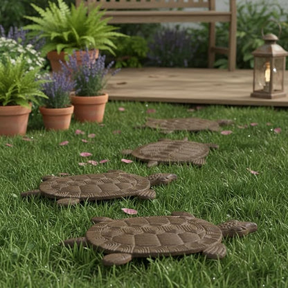 Comfy Hour 13" Heavy Duty Cast Iron Sea Turtle Stepping Stone, Decorative Metal Garden Paver for Outdoor Walkway & Yard, Weatherproof Coastal Yard Art Decor, Antique Brown (Light Brown)