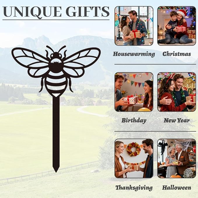 WADORN Bee Metal Yard Stakes Spring Decor, 10.6" Bee Outdoor Statues Silhouette Black Cute Bees Yard Art Stakes Bees Lover Gifts Indoor Outdoor Ornaments Decoration for Garden Patio Backyard Lawn