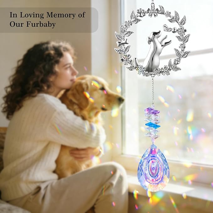 Dog Memorial Gifts for Loss of Dogs Crystal Suncatcher, Pet Memorial Gifts for Dogs, Loss of Dog Sympathy Gift, Bereavement Gift, Hanging Crystals Ornament for Window Rainbow Maker Home Decor