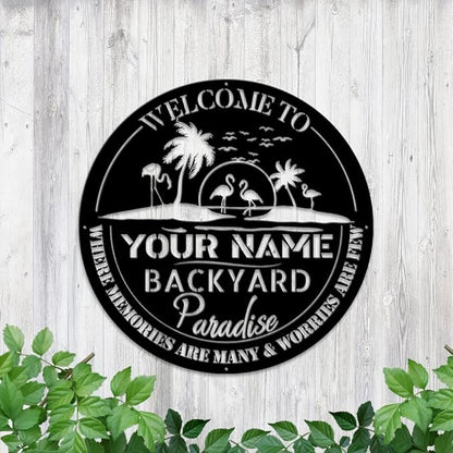 MeMate Backyard Sign Outdoor Decor, Personalized Metal Sign for Backyard, Patio, Custom Name Signs for Garden Porch, Deck, Large Metal Sign