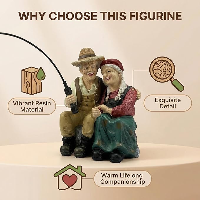 Romantic Older Couple Fishing Statue Outdoor Garden Koi Pond Decoration, Couple in Love Fisher Statues Figurine for Patio, Lawn & Yard Decor, Resin Garden Decoration, Elder Lover Fishing Sculpture