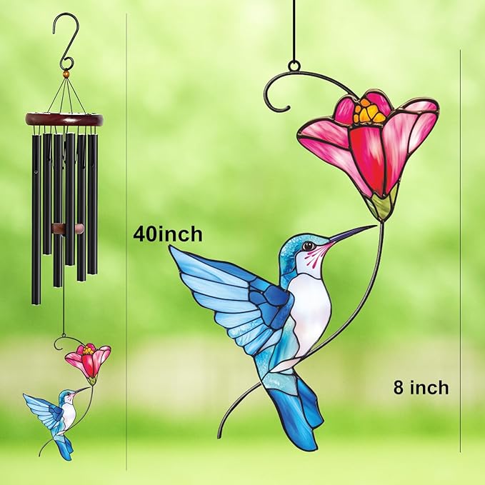 Personalized Metal Wind Chime Garden Sign, 40 Inch Outdoor Colorful Bird & Flower Memorial Decor, Yard Hanging Plaque for Patio Porch Lawn (JSTY368)