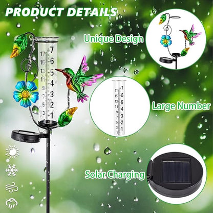 Hummingbird Rain Gauge Outdoor,Decorative Rain Gauges with LED Solar Lights,7” Glass Tube Rain Gauge Freeze Proof for Garden Patio Lawn