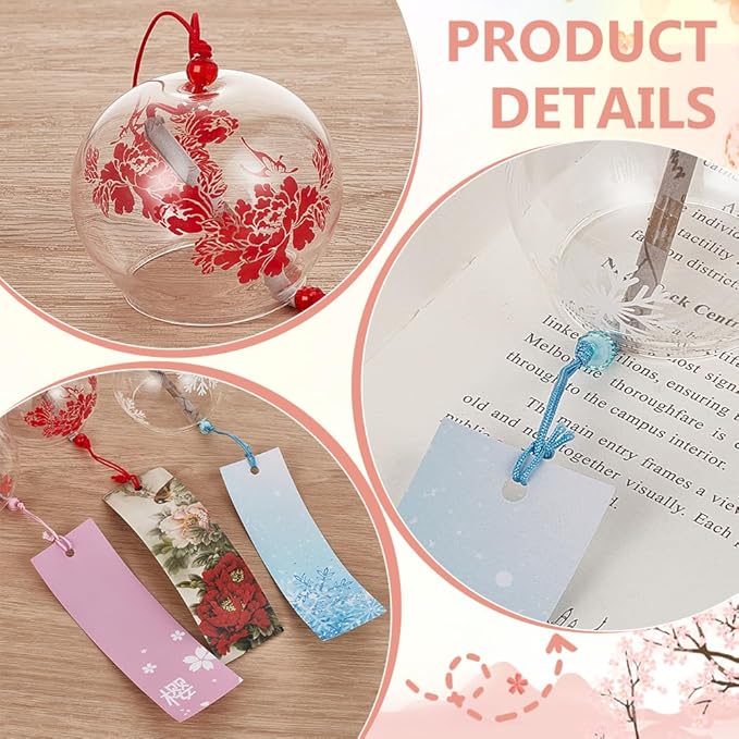 BENECREAT 3PCS Japanese Wind Chimes Pink Cherry/Red/Blue Glass Wind Bells Handmade Pendants for Birthday Gift, Home Wedding Party Decorations