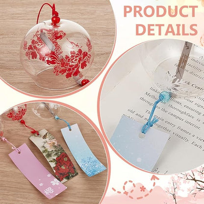 BENECREAT 3PCS Japanese Wind Chimes Pink Cherry/Red/Blue Glass Wind Bells Handmade Pendants for Birthday Gift, Home Wedding Party Decorations