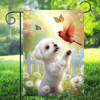 Spring Summer Maltese Dog Garden Flags 12x18 Double Sided, Small Burlap Seasonal Cardinal Floral Garden Flag Spring Summer Outdoor Yard Decorations for Outside Lawn Decor