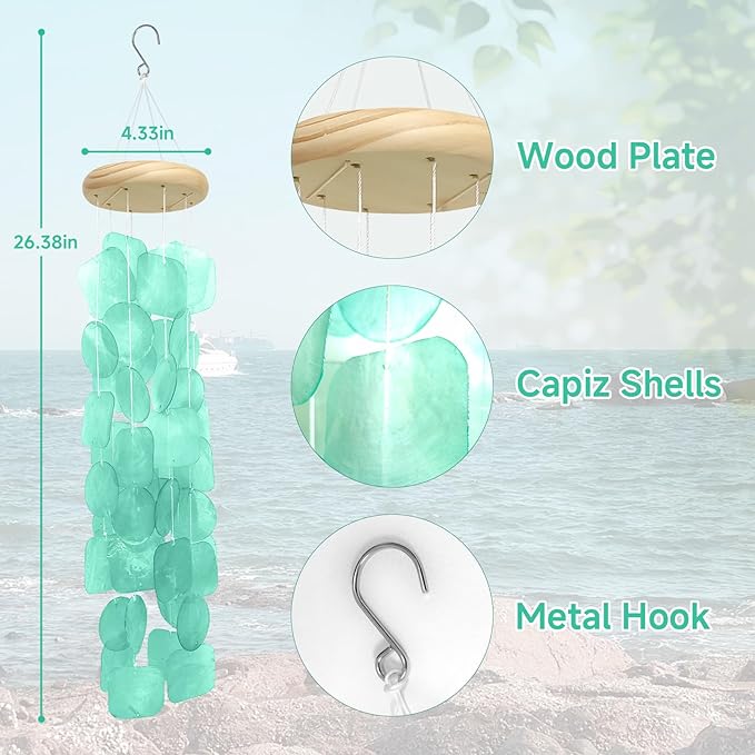 Wind Chimes for Outside 26", Clear Tones Sea Shell Wind Chimes Outdoor, Handcrafted Capiz Sea Glass Shells Windchimes Memorial Wind Chime for Patio, Garden, Porch Decor, Beach Gifts