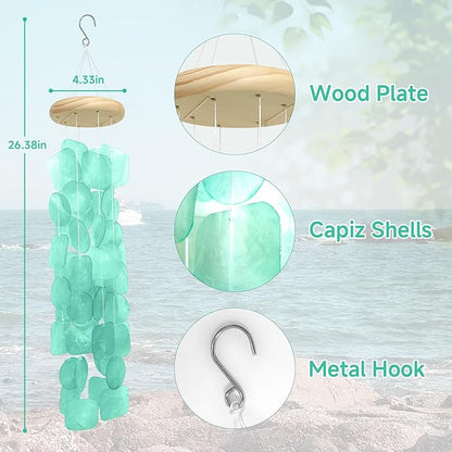 Wind Chimes for Outside 26", Clear Tones Sea Shell Wind Chimes Outdoor, Handcrafted Capiz Sea Glass Shells Windchimes Memorial Wind Chime for Patio, Garden, Porch Decor, Beach Gifts