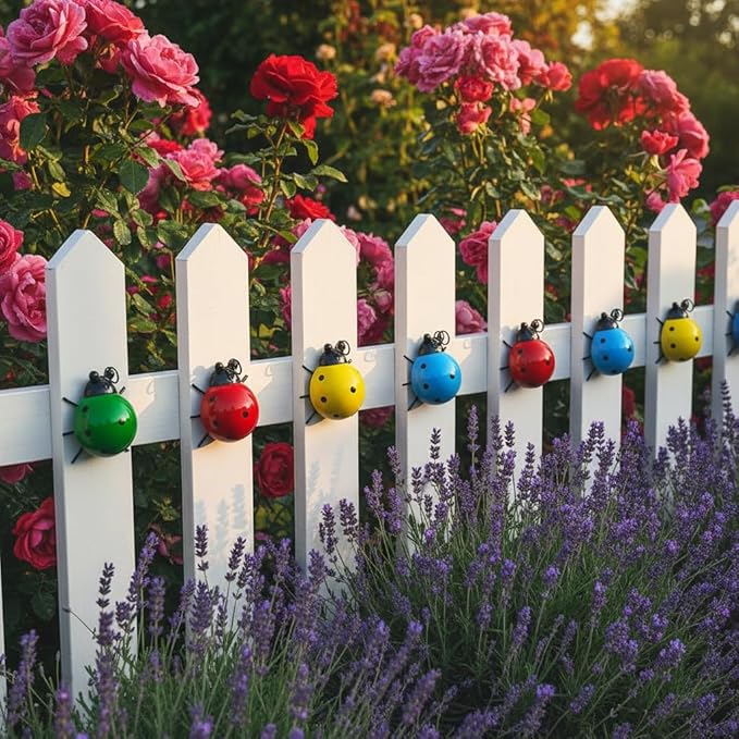 Cruis Cuka Cute Colorful Ladybug Metal Garden Decor, Set of 8 (4 Colors*2) Outdoor Yard Art, Lawn Ornaments, Fence & Patio Wall Sculptures, for Mom, Housewarming