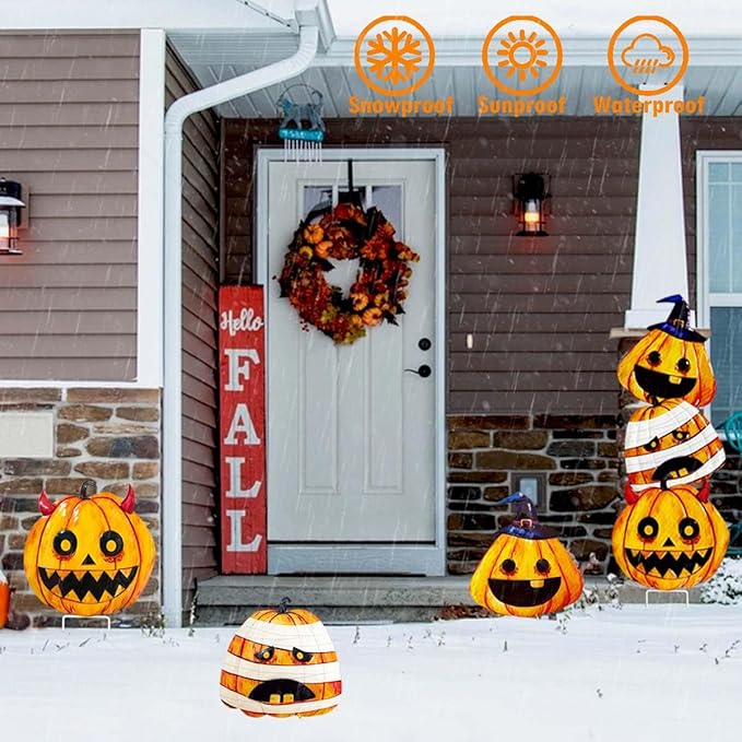 3 Packs Halloween Garden Stakes, Stacked Metal Pumpkins Jack-o-Lantern LawnDecor, Halloween Decorative 3D Pumpkin Yard Signs Stake for Outdoor Front Garden Pathway Decorations