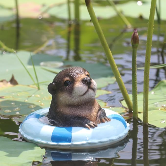 Cute Floating Otter Garden Water Feature Decoration, Resin Sculpture, Equipped with a Life Ring, Outdoor Swimming Pool Decoration, in red and White Color Scheme